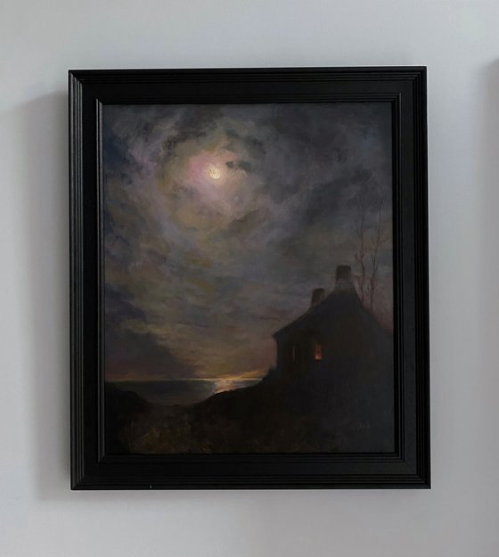 Tonalist Oil painting Landscape with Moon and Cottage, Framed.