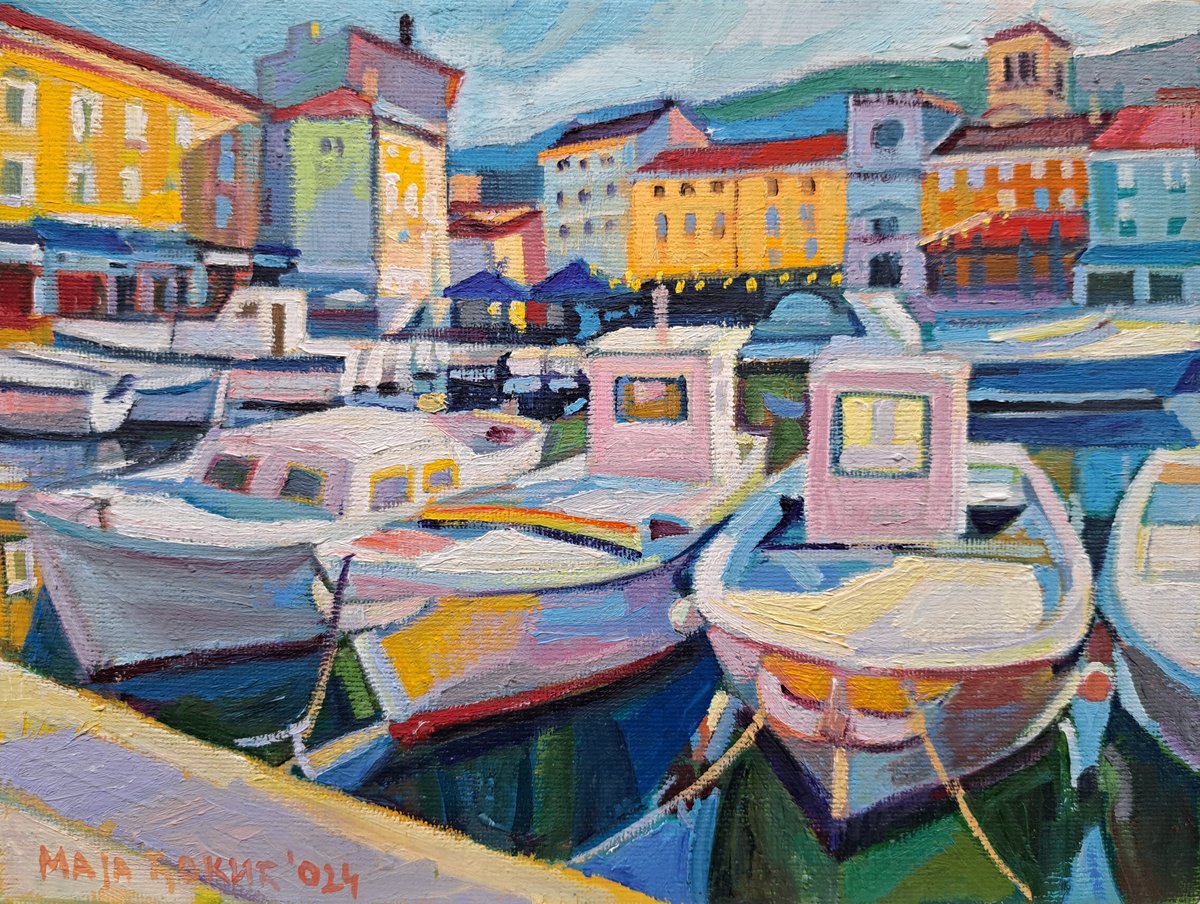 Impressionistic Cityscapes Oil Painting By Maja ?okic Mihajlovic, 9 X 7", Quiet Harbor, 2024, Original Artwork