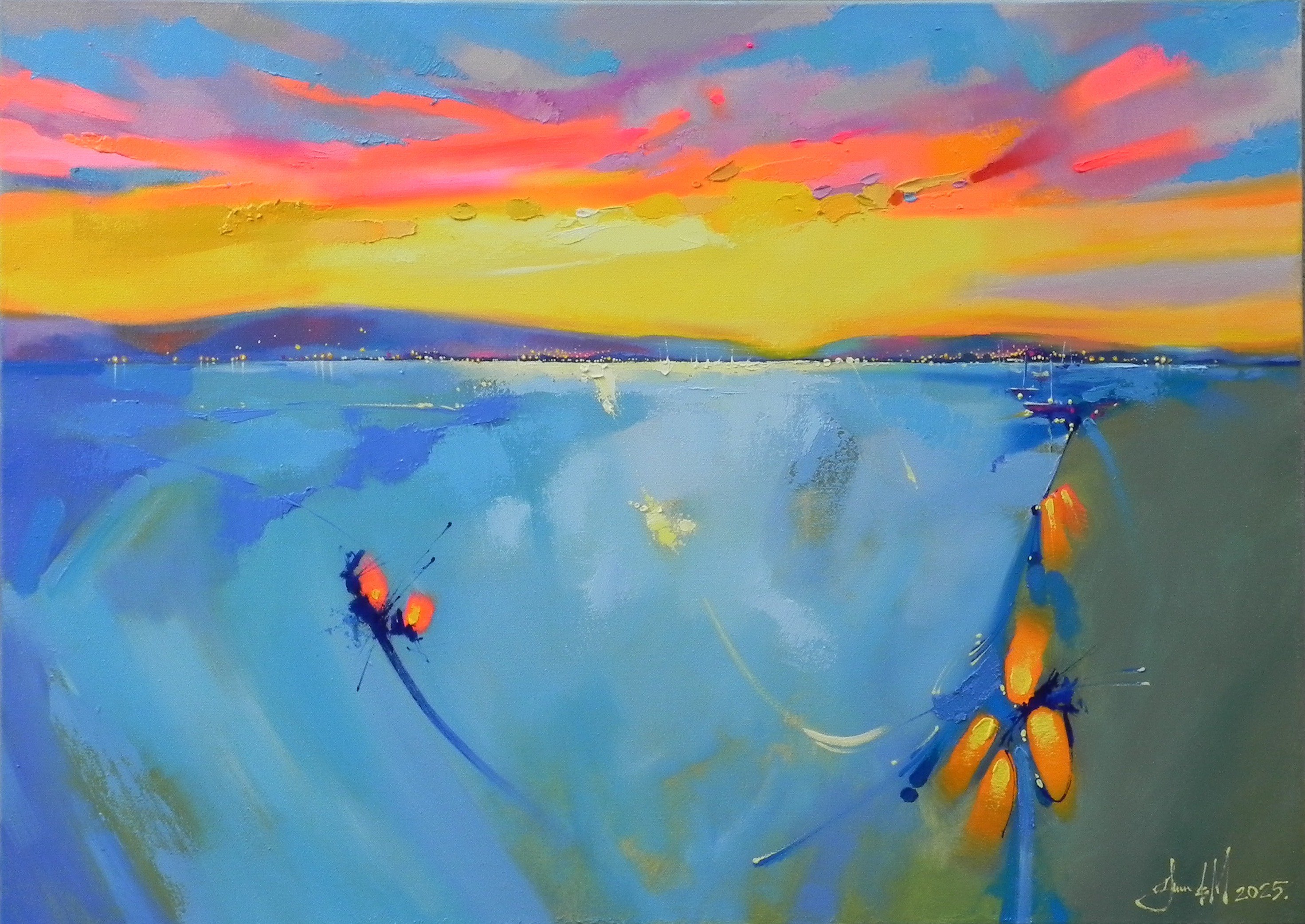 Abstract Landscape Oil Painting By Mykhailo Novikov, 28 X 20", - Bright Horizon - ?, Original Artwork