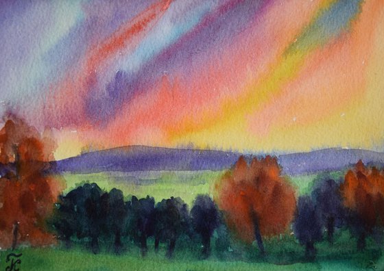 Sunset autumn mountains and fields Small watercolor painting
