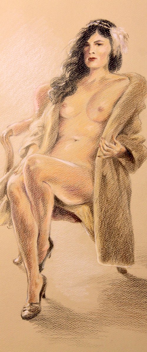 Nude woman in a fur coat by Anatol Woolf