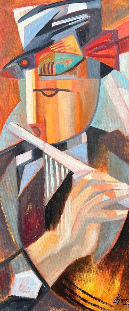 Cubist Flutist Art — Musician in Warm Hues by Dania Sierra