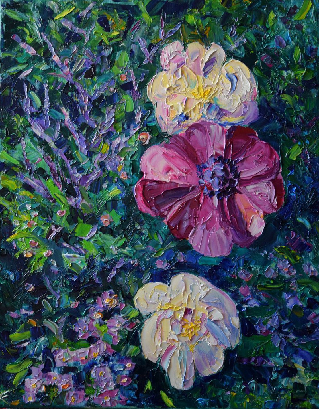 SOLD Original Floral Painting. Colorful store Anemones Bouquet. Textured Pallet Knife