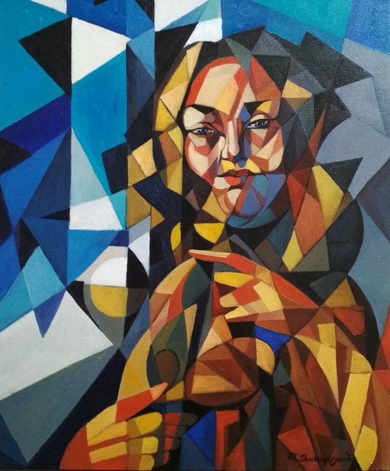 In front of the mirror (60x50cm, cubism, oil painting, ready to hang)