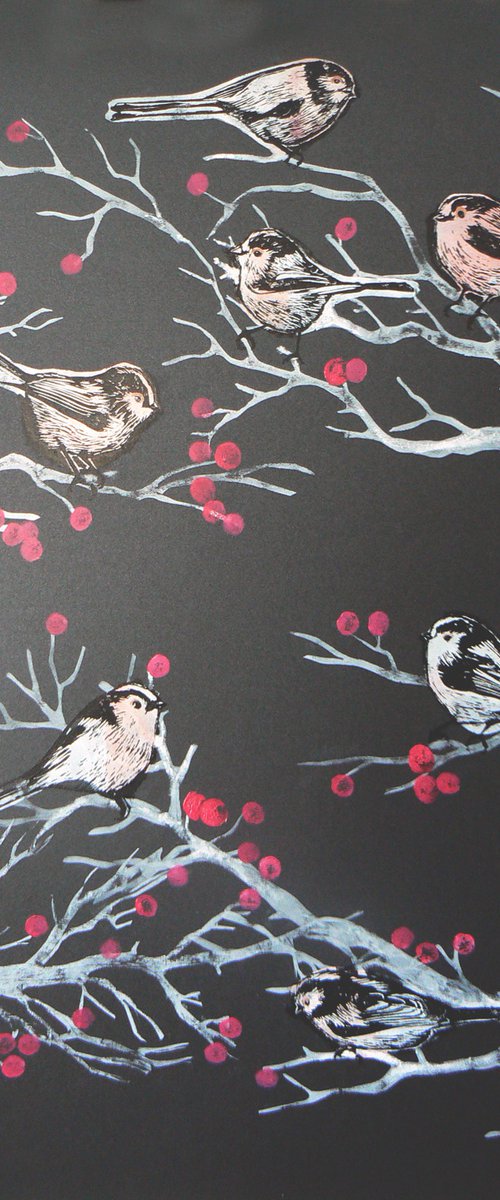 Short stories and long tails  (linocut of Aegithalos caudatus or long tailed tits) by Carolynne Coulson