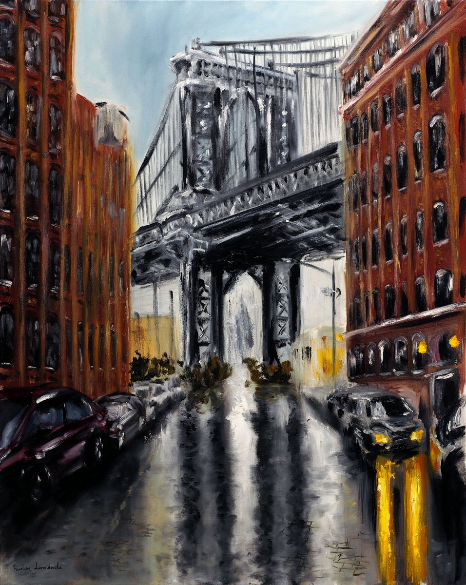 Impressionistic Cityscapes Oil Painting By Ruslana Levandovska, 24 X 30", Manhattan Bridge, Dumbo New York, Original Artwork