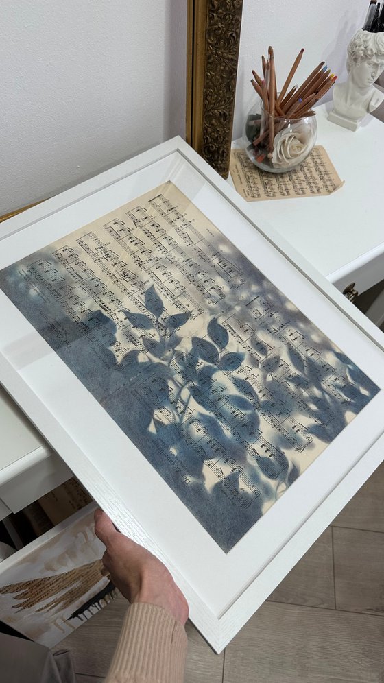 Leaf Silhouette Pastel on Vintage Sheet Music