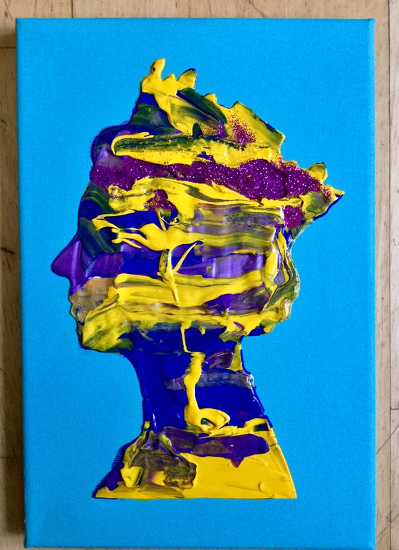 Purple metallic, yellow, gold metallic, turquoise, Queen #30 Abstract Queen Elizabeth  portrait  on sky bluebackground