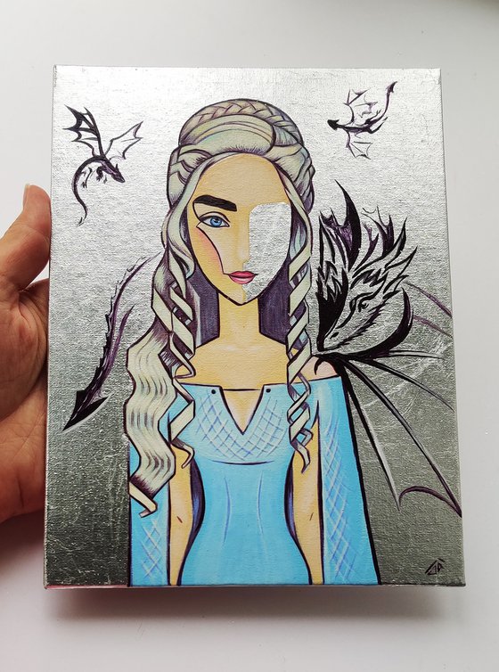Daenerys Targaryen, acrylic painting, silver leaf