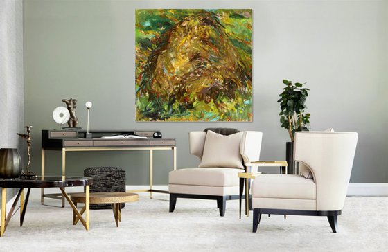 HAYSTACK AT NOON - Landscape art, large original oil painting, summer time, sun, claude monet inspired,  interior art home decor, brown coloured - 146x146 cm
