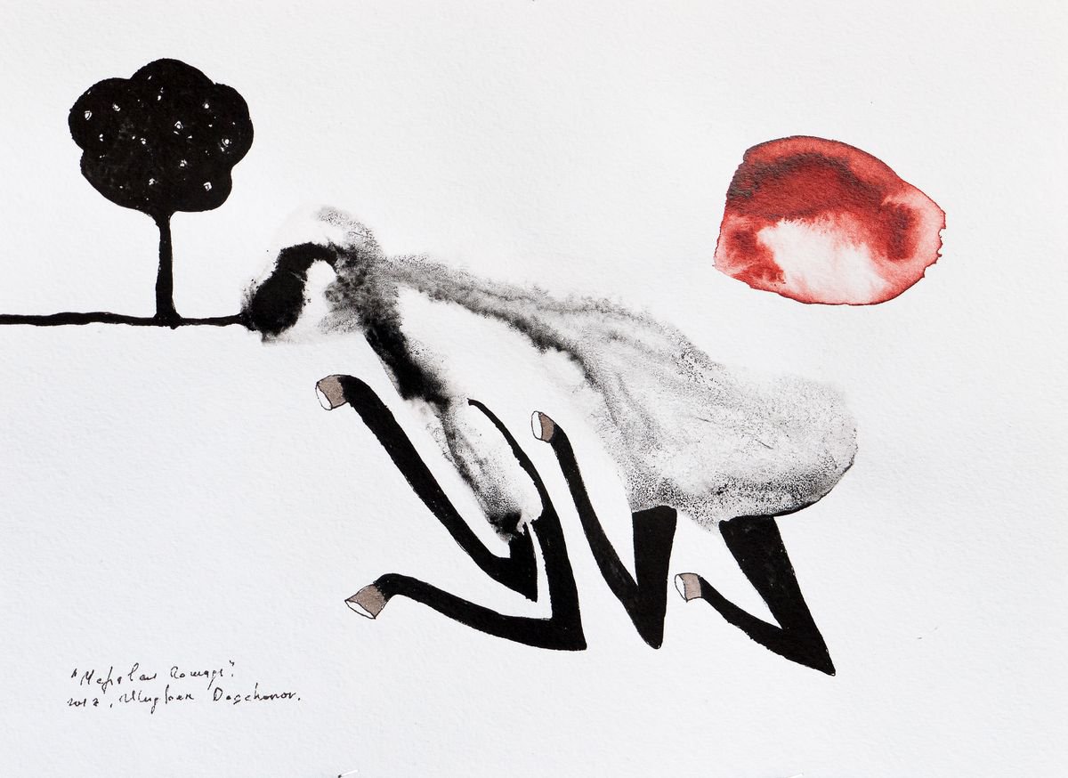Dead horse. Surreal landscape with horse and tree. Ink on paper. by Ulugbek Doschanov