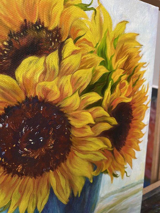 Sunflowers in a Blue Vase