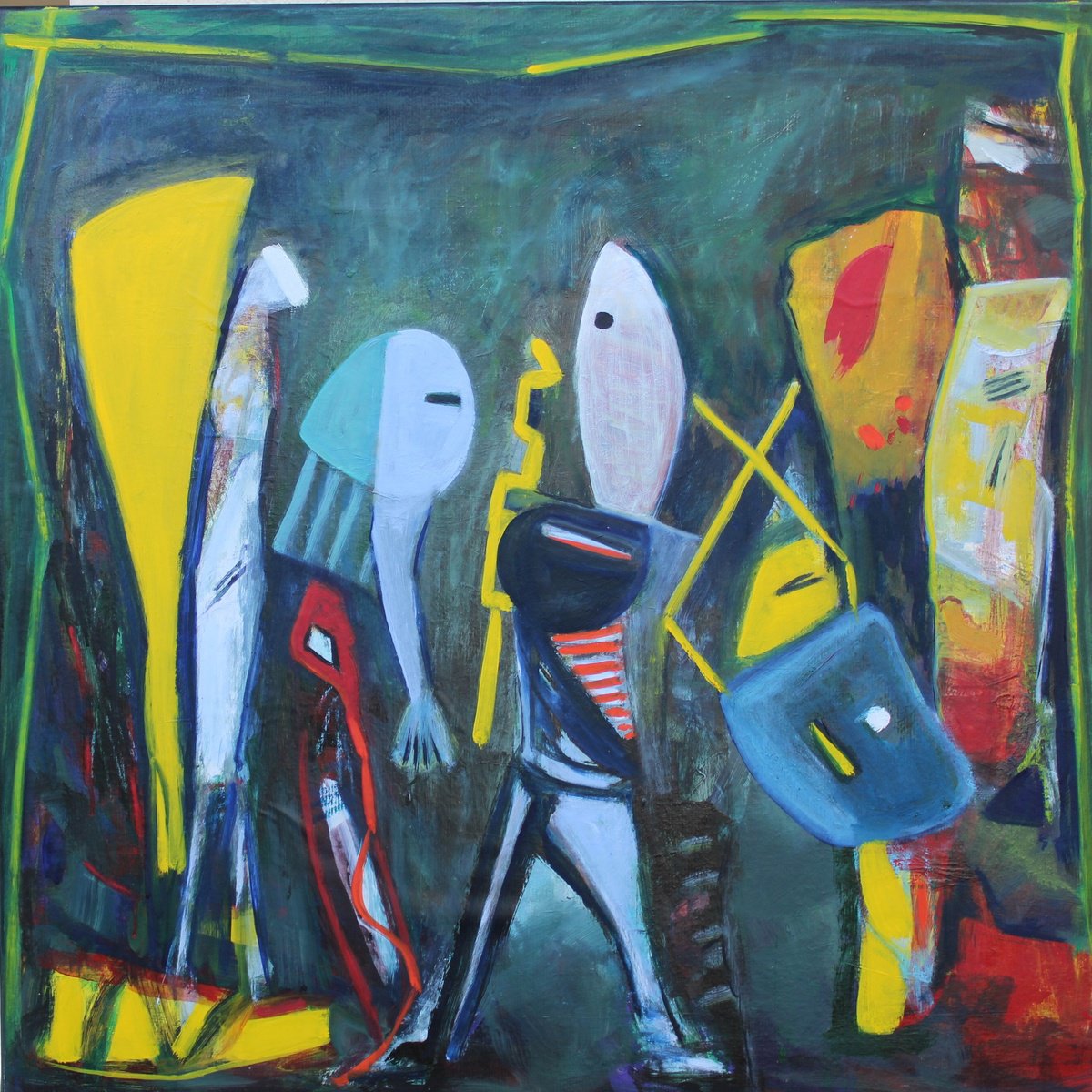 Expressive Abstract Oil Painting By Victorine Follana, 31 X 31", Guerriers, Original Artwork