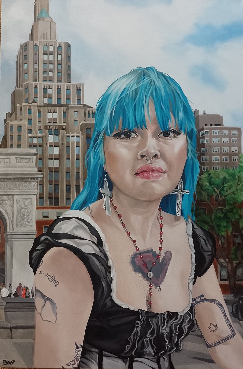 Portrait Oil Painting By Jo Beer, 20 X 30, Electric Blue, Nyc, Original Artwork