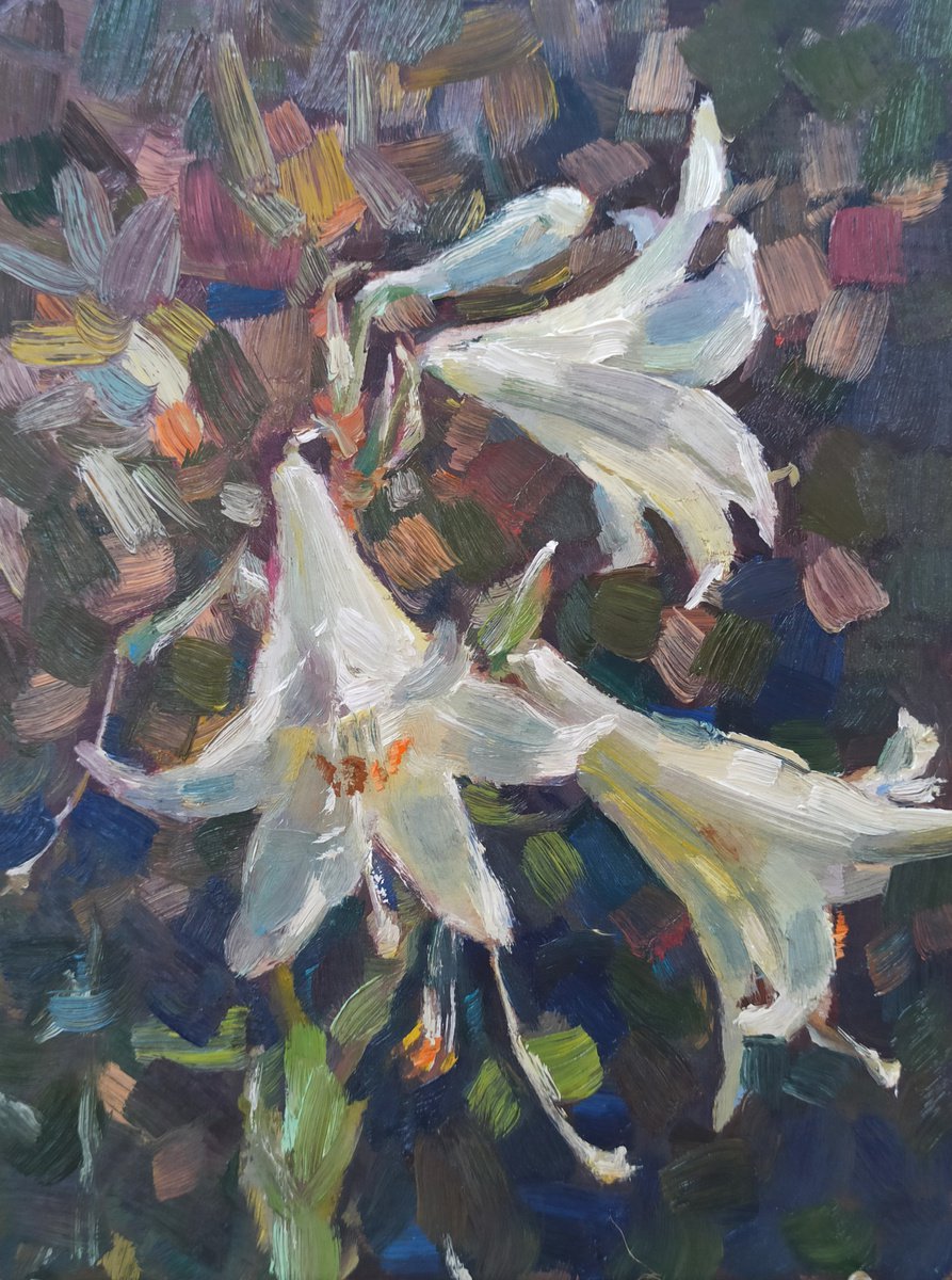 Impressionistic Botanical Oil Painting By Olha Retunska, 7 X 9", White Lilies, Original Artwork