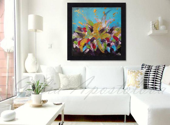 Floral Abstract Art, Framed Painting, Contemporary Art, Acrylic on Canvas, Black Frame, Turquoise, Purple, Gold, Palette Knife, Modern Home Decor, Splash Art