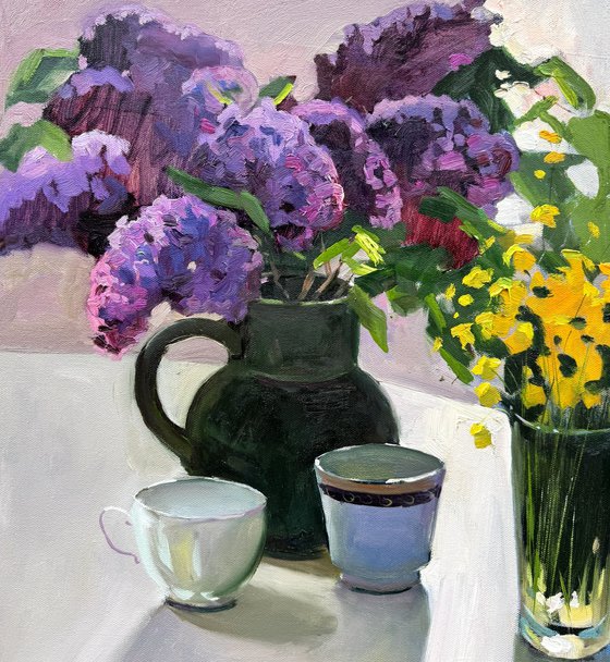 Sill Life with Lilac and yellow wildflowers