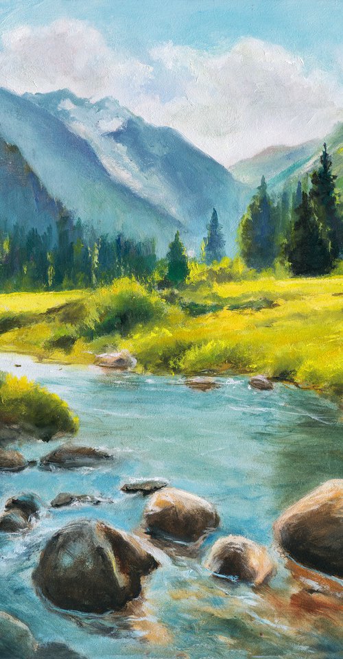 River in sunny mountain valley by Lucia Verdejo