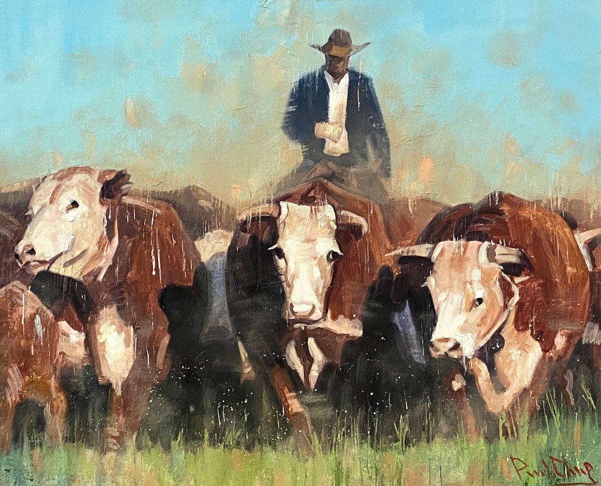 Impressionistic Animal Oil Painting By Paul Cheng, 24 X 20", Cowboy Herding Cattle, Original Artwork