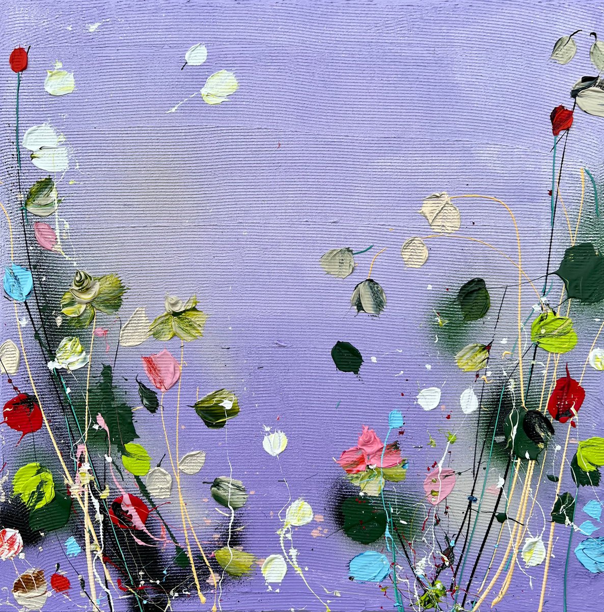 Structure impasto acrylic painting with abstract flowers 60x60cm Purple Day by Anastassia Skopp