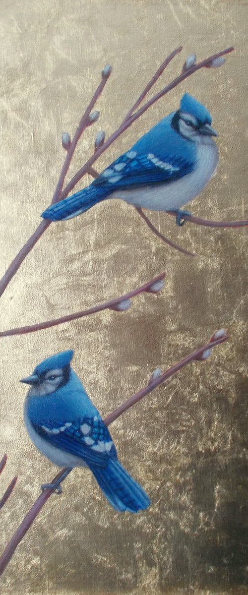 blue birds painting "Spring Jays" by Tatyana Mironova