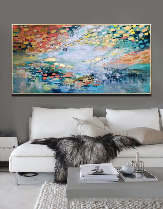 Emerald Wave - Abstract Painting 60" x 30" Large Abstract Gold Leaf Soft Colors White Gray Painting