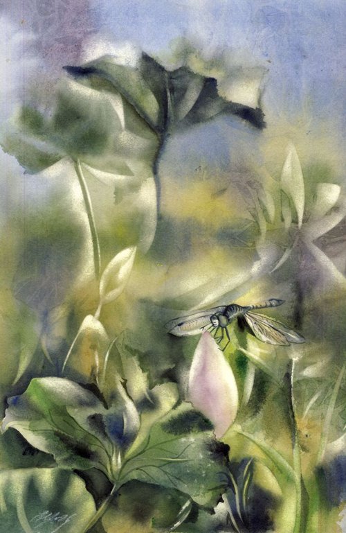 Dragonfly with lotus by Alfred  Ng