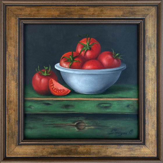 Still life tomatoes (25x25cm, oil painting, ready to hang)