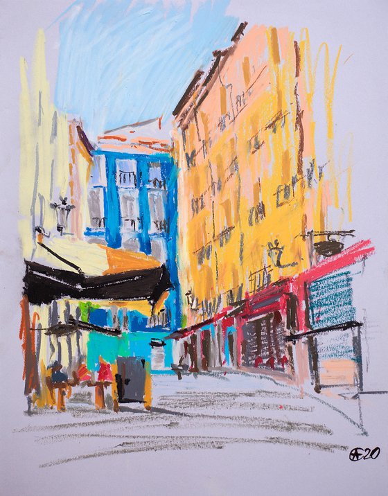 Madrid street. Plain air oil pastel painting. Original interior urban impressionistic street terrace small