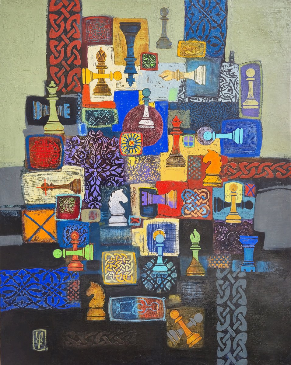 Abstract Oil Painting By Abgar Khacahtryan, 31 X 39, World Of Psychological Warfare, Original Artwork