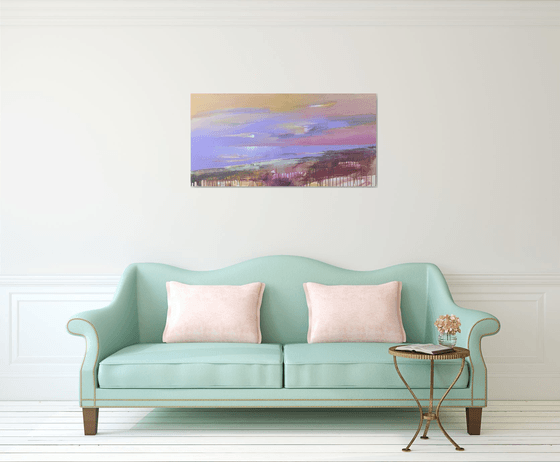 Bright horizontal painting - "Violet sunset" - Landscape - Expressionism - Seascape - Sunset