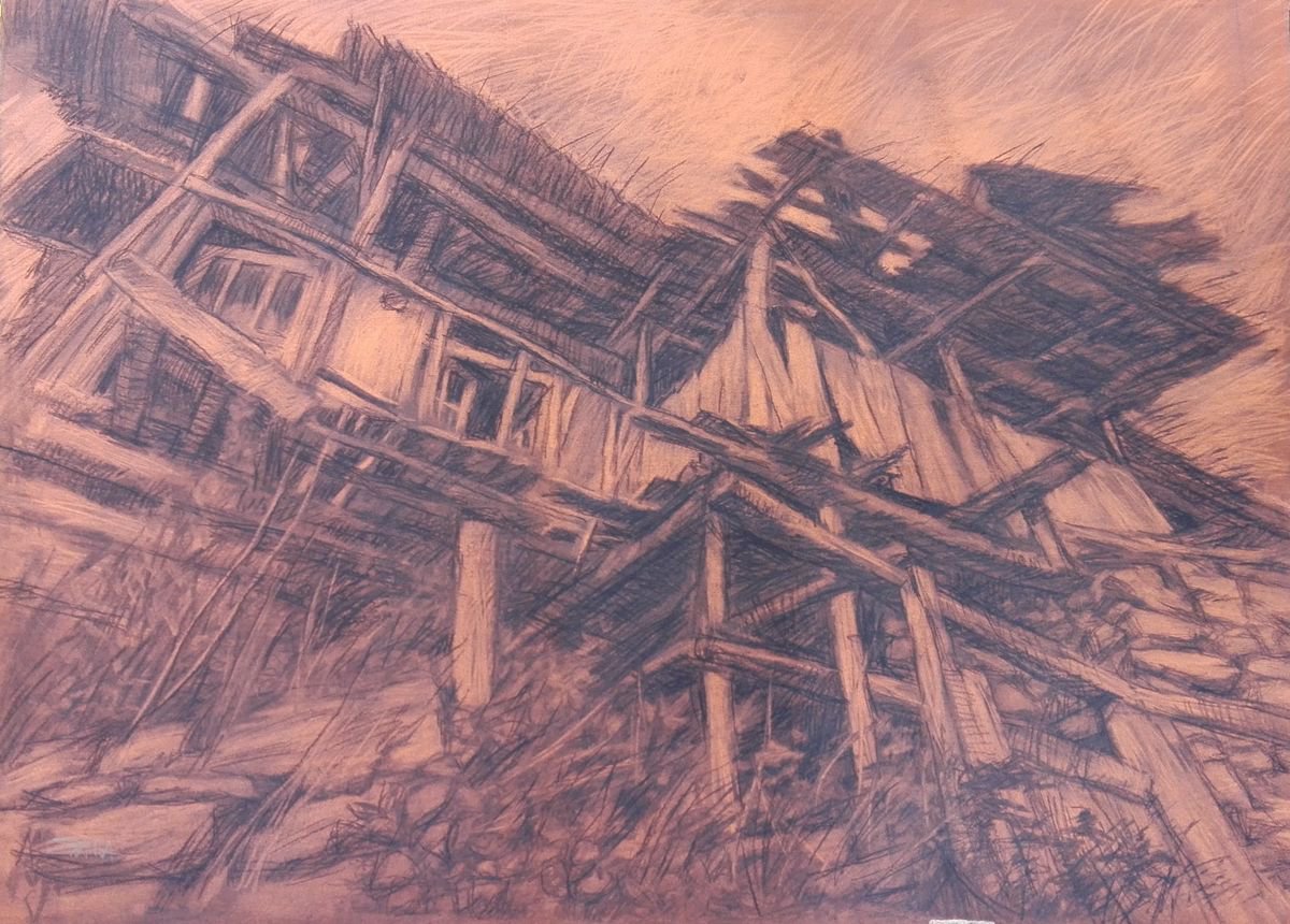 Photorealistic Cityscapes Charcoal Drawing By Zlatina Krusteva, 22 X 16", "Dolen Village, Rhodopes", Original Artwork