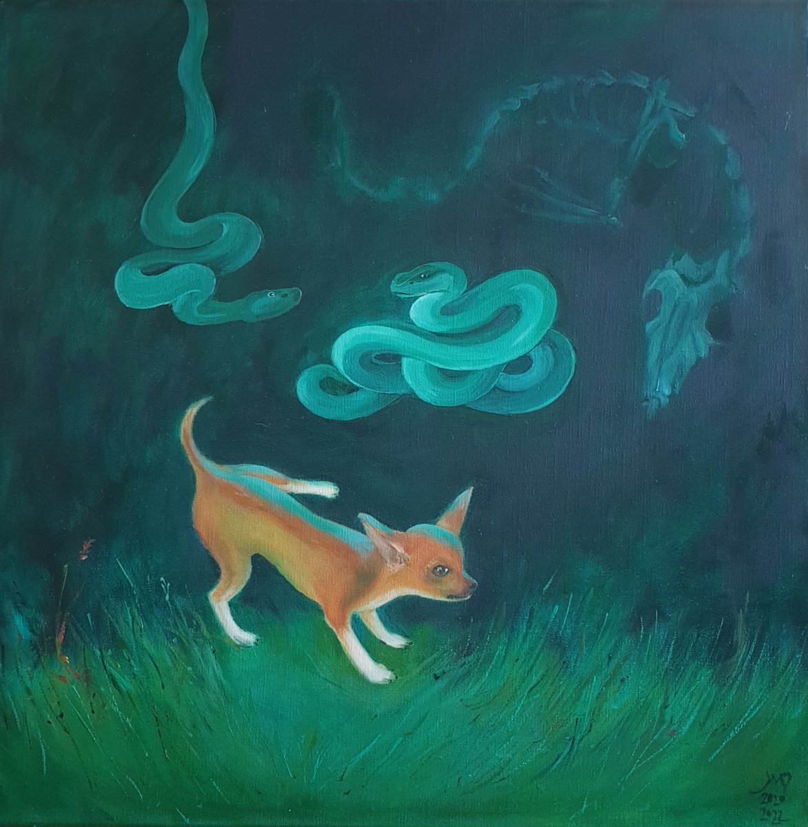 Surrealistic Animal Oil Painting By Ksenia June, 20 X 20", My Fears Appear At Night Ii, Original Artwork