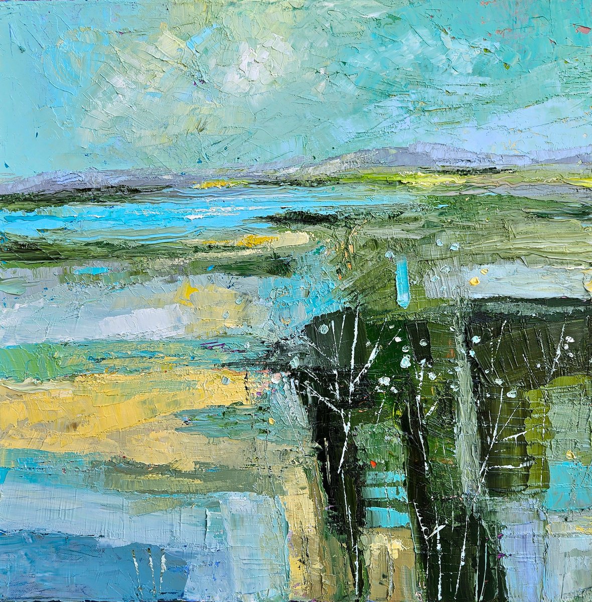 Organic Landscape Oil Painting By Simon Tunde, 20 X 20", Long Walks With My Dog, Original Artwork