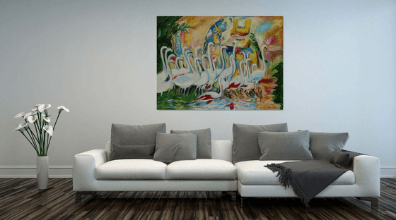 FLAMINGO - animal art, birds, original oil painting, large size XL , white and rose