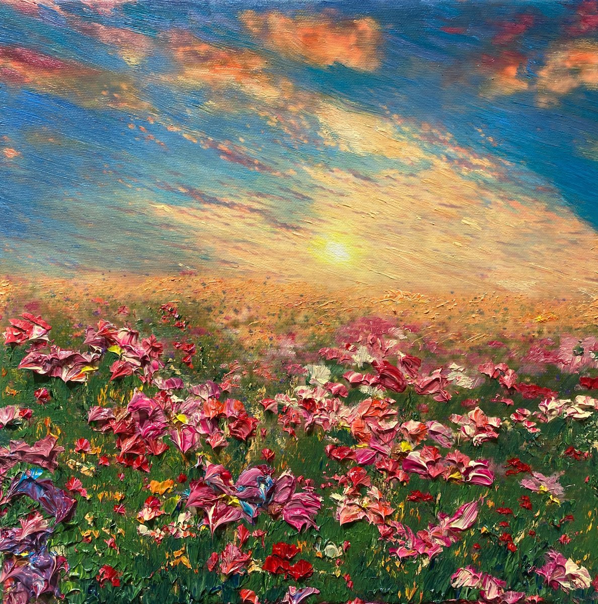 Impressionistic Landscape Oil Painting By Kenneth Halvorsen, 18 X 18", Fragrant Sky, Original Artwork