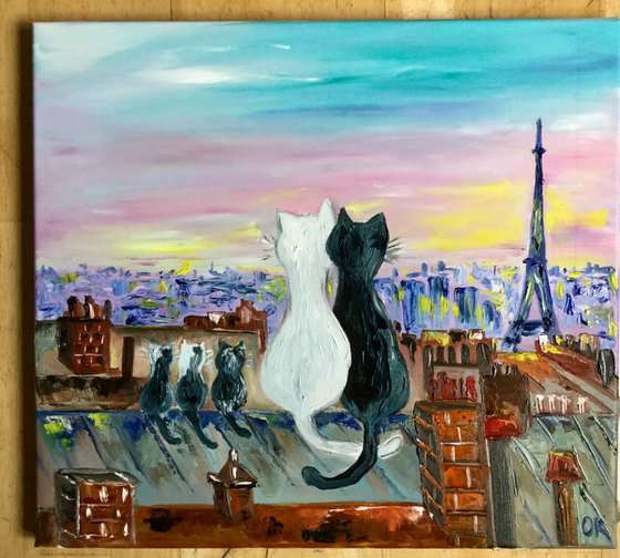 Cats in Paris. Travel to Paris, Parisian roofs , romantic nights, spring time, morning , sunrise