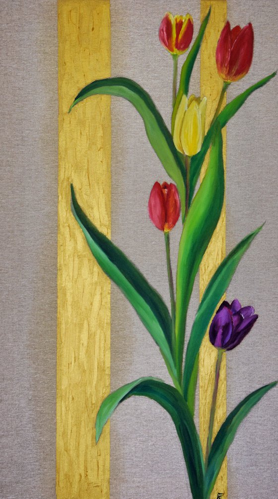 Flowers Tulips original OIL PAINTING on canvas, golden vertical artwork, art nouveau