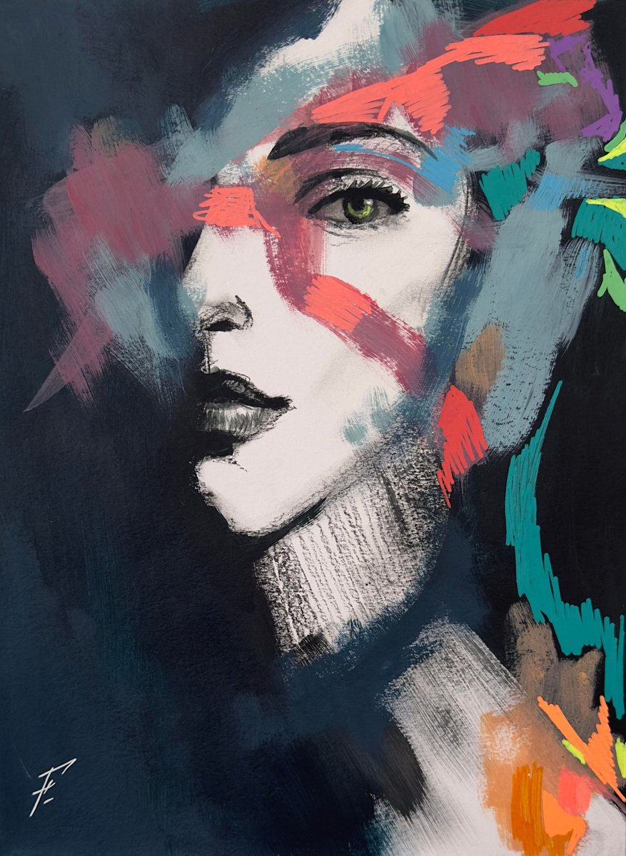 Urban And Pop Portrait Drawing By Nikola Gulev, 12 X 17", "Ethereal Glance", Original Artwork