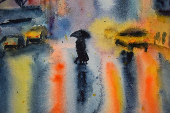 Rainy night New York original watercolor painting, abstract cityscape