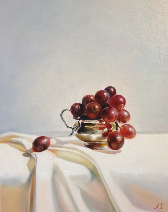 "Grapes in a silver bowl. "  still life summer liGHt original painting  GIFT (2021)