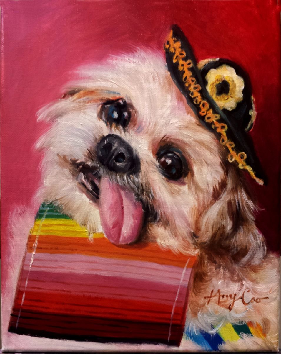 Photorealistic Animal Oil Painting By Henry Cao, 8 X 10, Dog Tongue Out, Original Artwork