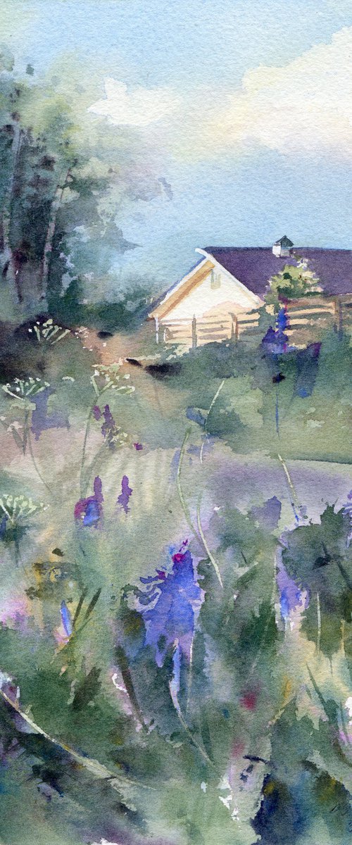 Small watercolor landscape, Summer outside the city by Yulia Evsyukova