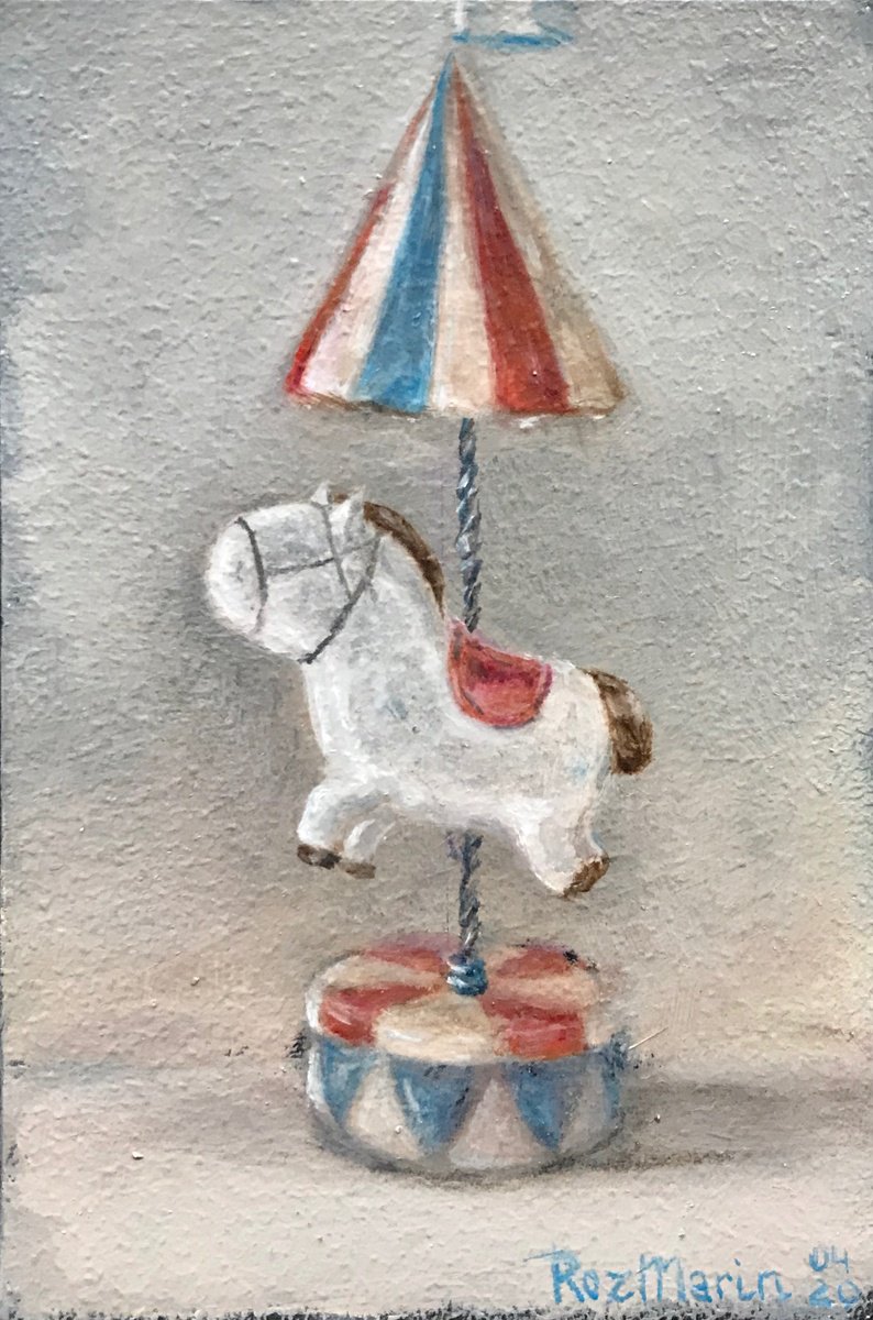 Naive Animal Oil Painting By Marina Deryagina, 4 X 6", Circus Pony, Original Artwork