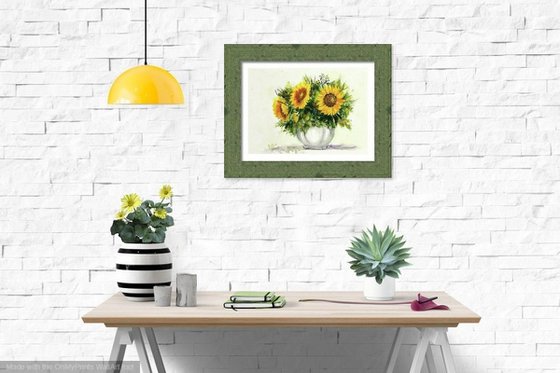 Van Gogh Vase of Sunflowers Watercolor Floral painting- 10.25"x 14.40"