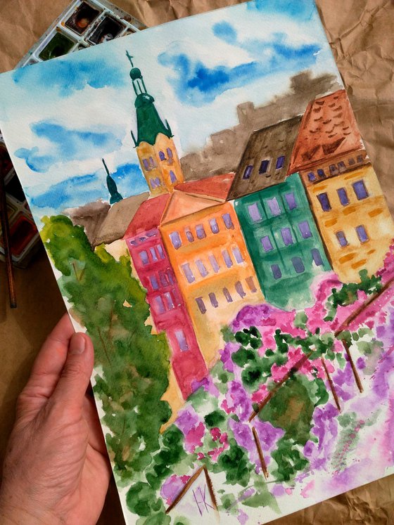 Lviv Painting Cityscape Original Art Roofs Watercolor Artwork Home Wall Art 10 by 14" by Halyna Kirichenko