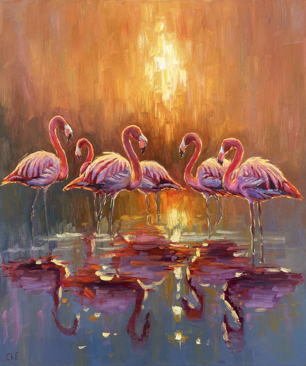 Pink Flamingos By Evgeny Chernyakovsky, 31 X 37, Artwork For Sale On Artfinder