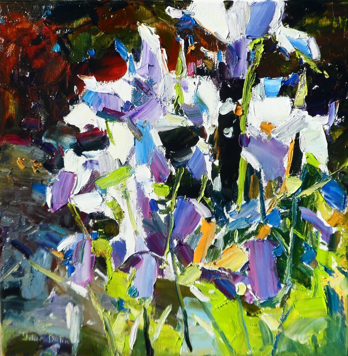 Impressionistic Landscape Oil Painting By Yehor Dulin, 16 X 16", " Irises", Original Artwork
