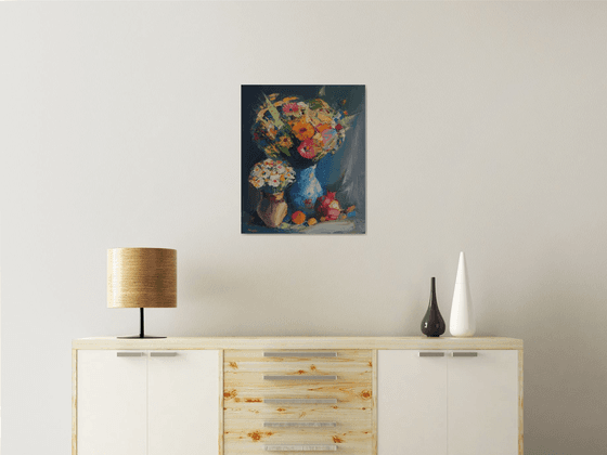 Still life with flowers and pomegranate