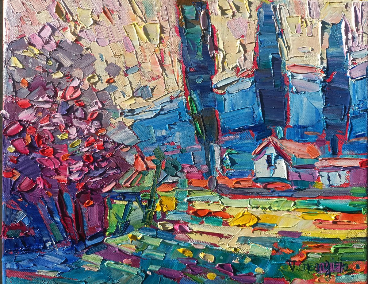 Impressionistic Landscape Oil Painting By Vanya Georgieva, 12 X 9", Morning In The Village, Original Artwork